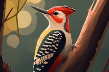 A Red-bellied Woodpecker Sits In A Tree, And We See It Up Close. Generative AI