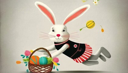 Wall Mural - A white female easter bunny with her basket of chcoclate easter eggs on a windy day, Generative AI