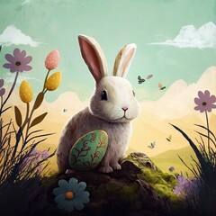 Sticker - Easter bunny in a beautiful spring landscape, blue sky and clouds, chocolate easter eggs, flowers and butterflies, 