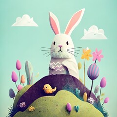 Canvas Print - Easter bunny in a beautiful spring landscape, blue sky and clouds, chocolate easter eggs, flowers and butterflies, 