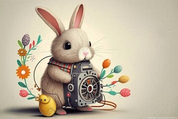 Wall Mural - A cute easter bunny surrounded by flowers, floral design, festive holiday celebration season, Generative AI