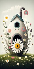 Wall Mural - Easter bunny in his magical house surrounded by flowers, Generative AI, easter bunny, chocolate, easter eggs, eggs, cute, landscape, easter wallpaper, wallpaper, generative ai, banner, cute, rabbit, 