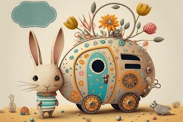 Canvas Print - an easter bunny, in his easter mobile caravan travelling  house surrounded by flowers, space for text, room for copy, Generative AI