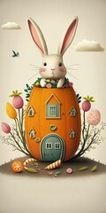 Wall Mural - a cute easter bunny, sitting on top of his  tall unique easter carrot style house, very tall  surrounded by flowers and perched on a grassy hill, Generative AI