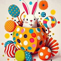 Sticker - a very colorful easter egg with the easter bunny inside, candy streamers, flowers, holiday, celebrate, , Generative AI