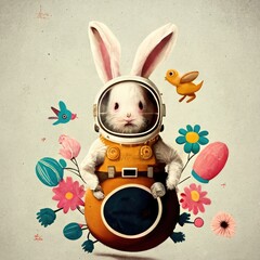 Sticker - a cute rabbit astronaut wearing a spacesuit and helmet riding a space rocket, floral, Generative AI