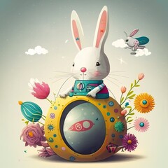 Sticker - a cute easter bunny, sitting on his space craft, rocket surrounded by flowers, Generative AI