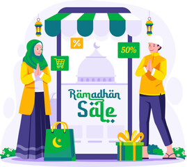 Wall Mural - Ramadan Sale and Shopping illustration. Muslim man and a woman near a giant smartphone. Ramadan Kareem and Eid Mubarak E-commerce concept vector illustration