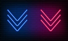 Neon Sign Arrow Down Blue And Pink On Brick Wall Background. Vintage Electric Signboard With Bright Neon Lights. Neon Symbol Pointer Light. Bar Or Cafe Coffee. Night Club Drink. Vector Illustration.