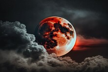 Blood Moon, Red Moon, Real Full Blood Moon In Black Sky With Cloud. AI Generated, Human Enhanced