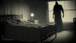 Humanoid Ghost Silhouette Next To Bed. Generative AI.