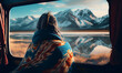 © Pro Hi-Res - Woman staying in the blanket looking at mountain scenery through the window in camper van in the morning. Generative AI.