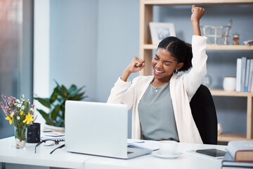 Aufkleber - Success happens when you combine passion with ambition. Shot of a happy young businesswoman celebrating at her desk in a modern office.