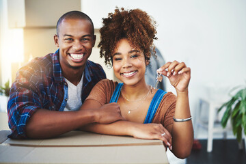 Poster - Starting our future together with this key. Shot of an attractive young couple moving house.