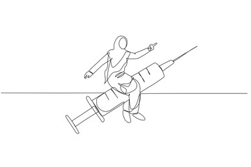 Wall Mural - Illustration of muslim woman riding syringe moving fast. metaphor for healthy. One line art style