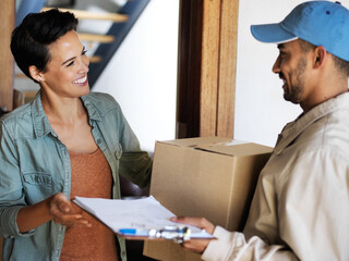 Poster - Keeping his clients smiling. Shot of a smiling young woman standing at her front door receiving a package from a courier.