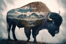 American Male Bison Grazing On Grassland With Double Exposure Background Of Wondrous Natural Scenery In Yellowstone. Large Mammal Body With Fur And Horn By Generative AI.