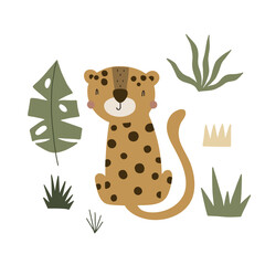 Wall Mural - Cute leopard surrounded by tropical plants. Vector illustration isolated on white background for your design