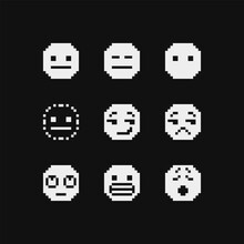 Characters Emoji, Smiley Face, Emoticon With Various Emotions Cute Faces, Pixel Art Style 1-bit Icons Set. Isolated On Black Background Vector Illustrations.