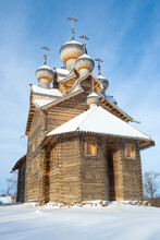 Ancient Wooden Church Of The Epiphany Close-up On A Sunny February Day. Paltoga. Vologda Region, Russia