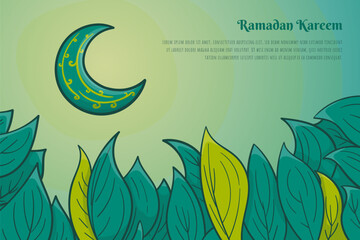 Poster - Green leaves and crescent moon in green background design for ramadan kareem template