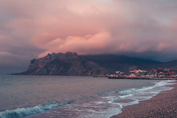 Wall Mural - View of beach and mountain Kara Dag at morning. Koktebel. Crimea