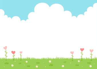 Canvas Print - Heart flower plants on grass and sky background.