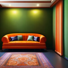 Wall Mural - a room with an orange couch and green walls2, Generative AI