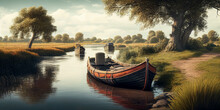 Illustration Of Two Vintage Style Fishing Boats In The Scenic River, AI-Generated Image.	