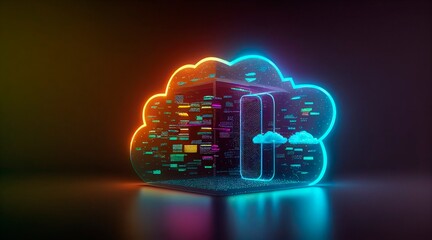 Glowing Cloud Computing Database Technology on Dark Background, concept with glowing neon structures, free space. Generative AI.