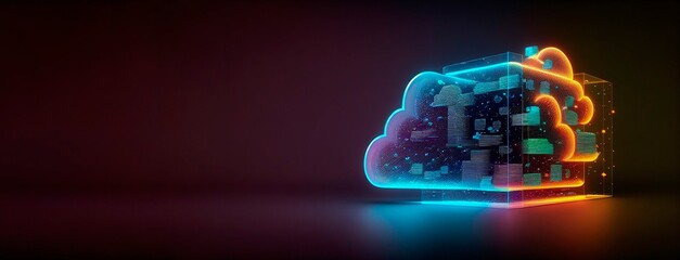 Glowing Cloud Computing Database Technology on Dark Background, concept with glowing neon structures, free space. Generative AI.