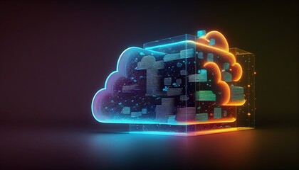 Glowing Cloud Computing Database Technology on Dark Background, concept with glowing neon structures, free space. Generative AI.