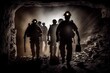 © GustavsMD - Coal miners walking through the tunnel in a mine. Generative AI.