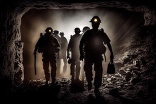 Coal Miners Walking Through The Tunnel In A Mine. Generative AI.