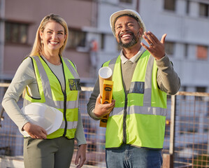 Diversity collaboration, laughing and architect teamwork on real estate building, architecture or project site. Funny joke, property developer chat and construction worker planning civil engineering