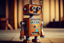 Retro Tin Robot Toy On The Minimal Background. Playful And Fun Concept. Generative AI