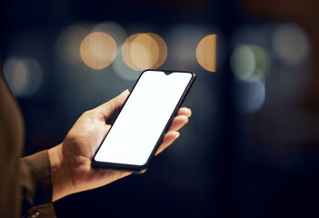 Wall Mural - phone screen, night and person hands for mobile app mockup, website product placement or global netw