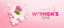Happy Women's Day Female Symbol With Tulips Flowers And Butterfly, Heart, White Flower, Banner Concept Design On Pink Background, EPS10 Vector Illustration.
