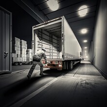 A Truck Driver Using A Hand Truck To Move Boxes From The Back Of The Container To A Loading Dock