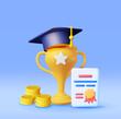 3D Trophy, Graduation Cap and Diploma with Gold Coin Isolated. Render Cash Money for Education, Savings and Investment Concept. Academic and School Knowledge. Vector Illustration