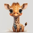 Cute young baby giraffe calf illustration standing adorable and curious with spots in nature, ai.