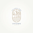 minimalist downtown or uptown city badge logo template vector illustration design. simple modern party city, bar, destination emblem logo concept