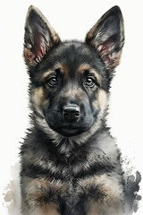 Wall Mural - Watercolor portrait of a cute german shepherd dog puppy created using generative AI tools