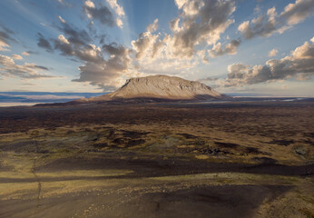 Road landscape in Iceland, beautiful volcanic nature in sunny weather, travel destination gravel f road