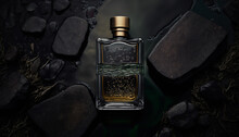 Luxury Perfume With Fresh Natural Scent For Men, Glass Fragrance Bottle On Dark Pebbles In Nature, Generative AI.