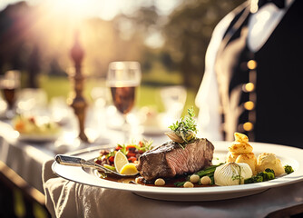 Poster - Luxury food service, main course served by a waiter at a wedding celebration or formal event in classic English style at luxurious hotel or country estate. Generative AI.