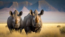 Two White Rhinoceroses Are Walking Through The Savannah Grass Generative AI