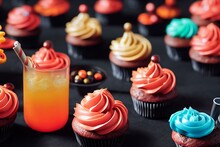 Halloween Potion Drink And Cupcakes For Trick Or Treat. Generative AI
