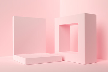 Wall Mural - Abstract geometric shapes on pink background. Minimal 3D rendering abstract background.