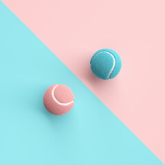 Wall Mural - Competition, diversity, opposition, gender differences or confrontation concept. Blue and pink tennis balls on blue and pink spilt tone background.